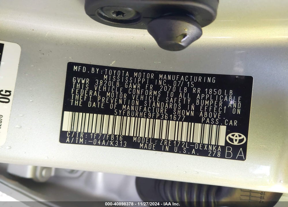 2015 TOYOTA COROLLA LE PLUS VIN: 5YFBURHE9FP361677