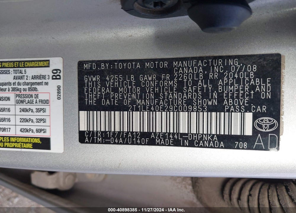 2009 TOYOTA MATRIX S VIN: 2T1LE40E29C009853
