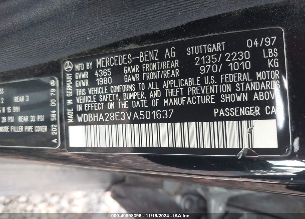 1997 MERCEDES-BENZ C 280 VIN: WDBHA28E3VA501637