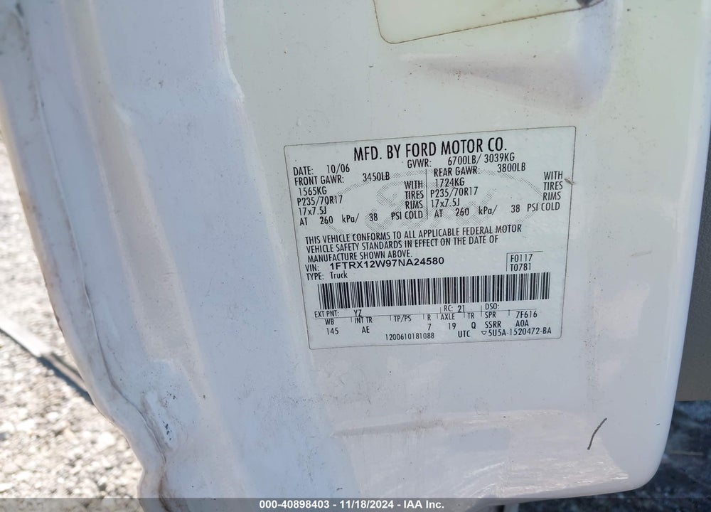 2007 FORD F-150 STX/XL/XLT VIN: 1FTRX12W97NA24580