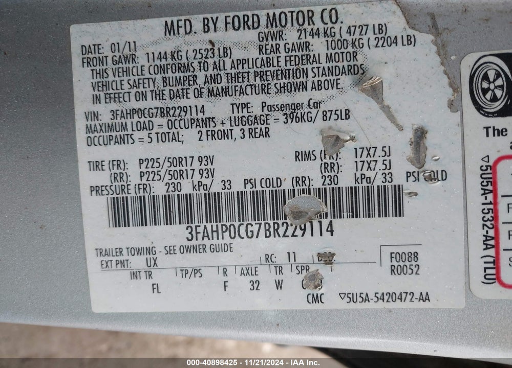 2011 FORD FUSION SEL VIN: 3FAHP0CG7BR229114