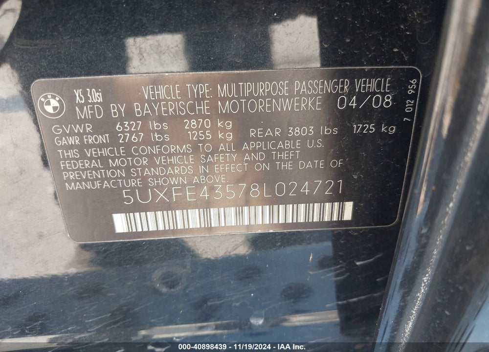 2008 BMW X5 3.0SI VIN: 5UXFE43578L024721