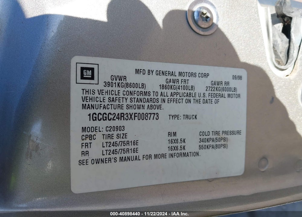 1999 CHEVROLET C2500 VIN: 1GCGC24R3XF008773