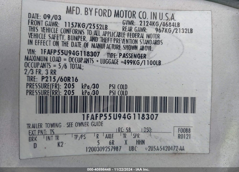 2004 FORD TAURUS SES VIN: 1FAFP55U94G118307