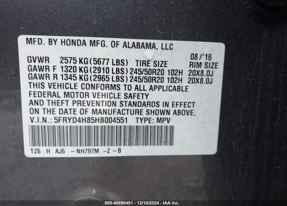 2017 ACURA MDX ADVANCE PACKAGE VIN: 5FRYD4H85HB004551