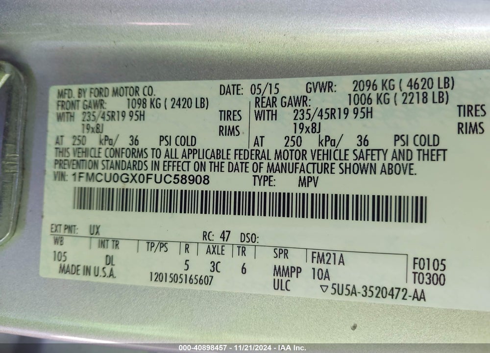 2015 FORD ESCAPE SE VIN: 1FMCU0GX0FUC58908