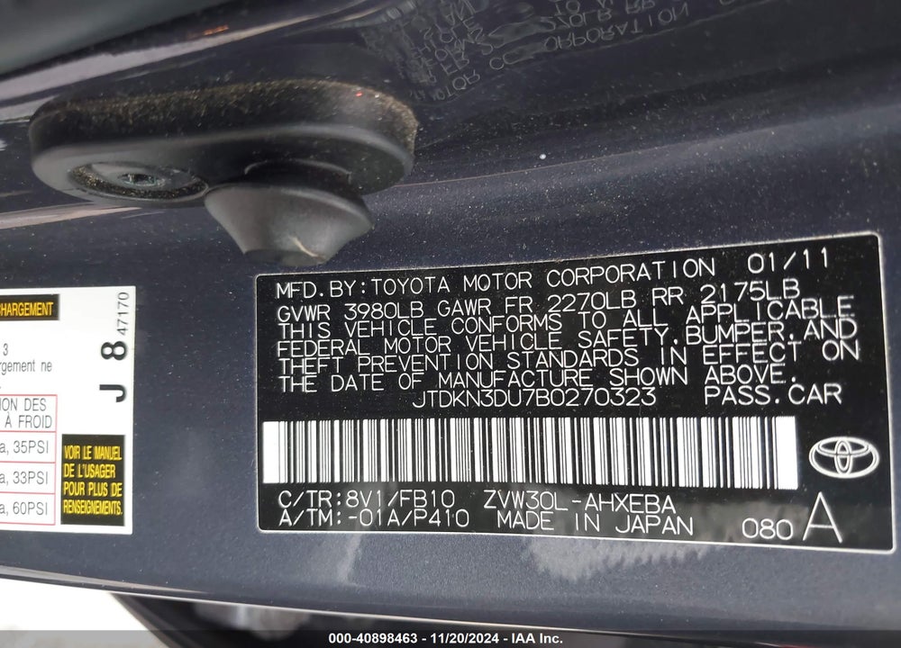 2011 TOYOTA PRIUS THREE VIN: JTDKN3DU7B0270323