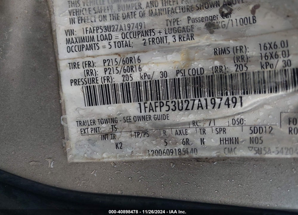 2007 FORD TAURUS SE VIN: 1FAFP53U27A197491