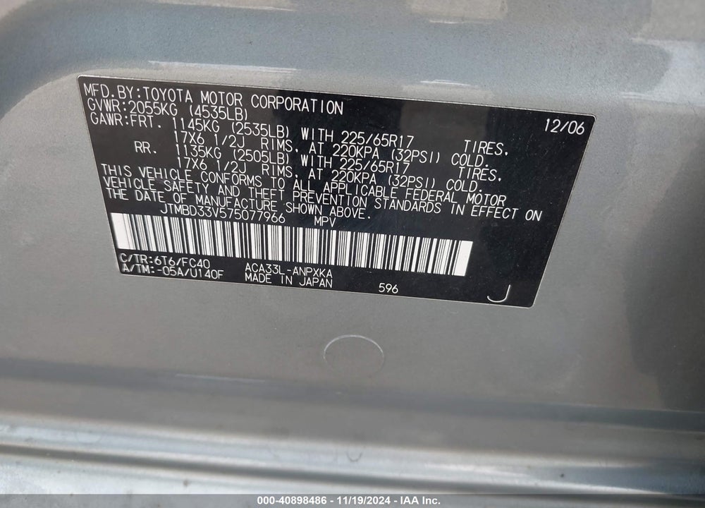 2007 TOYOTA RAV4 VIN: JTMBD33V575077966