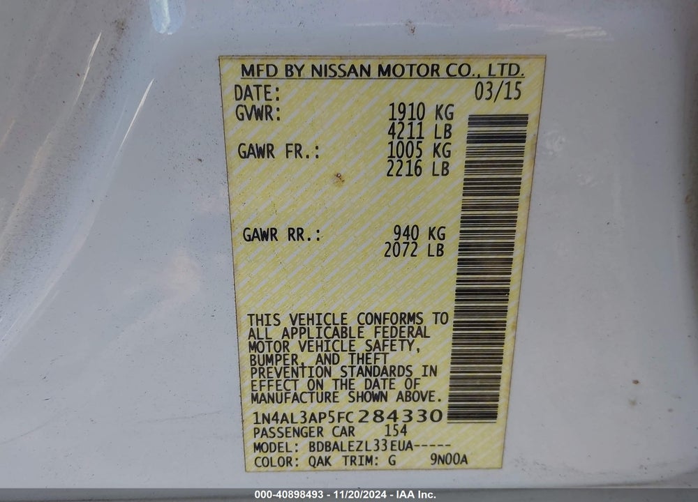 2015 NISSAN ALTIMA 2.5 S VIN: 1N4AL3AP5FC284330