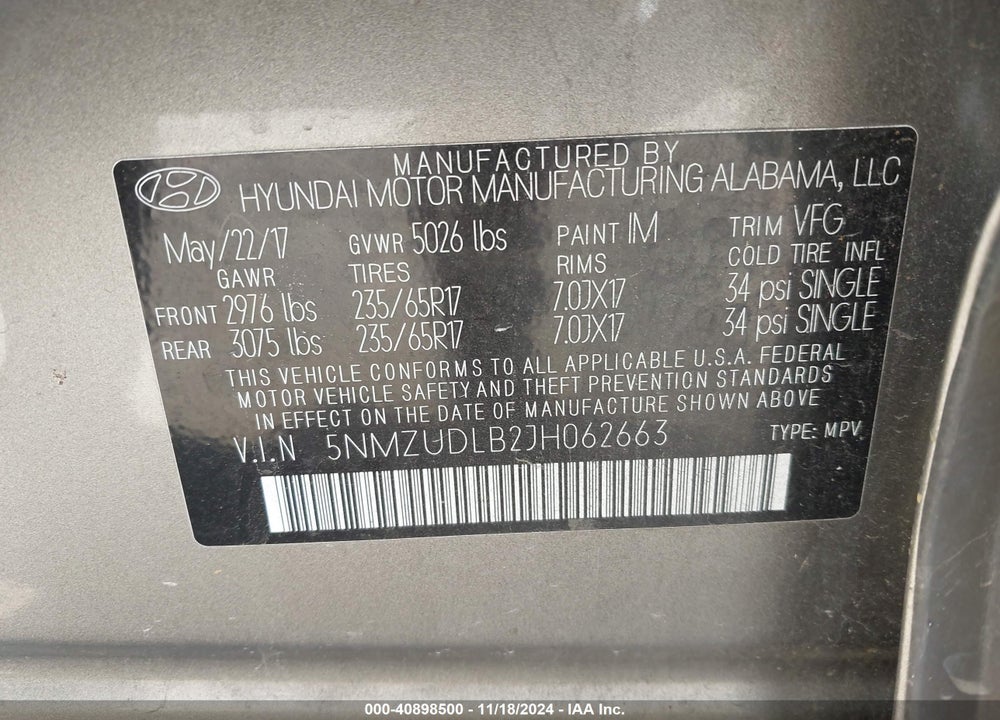 2018 HYUNDAI SANTA FE SPORT 2.4L VIN: 5NMZUDLB2JH062663
