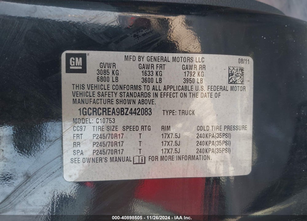 2011 CHEVROLET SILVERADO 1500 LS VIN: 1GCRCREA9BZ442083