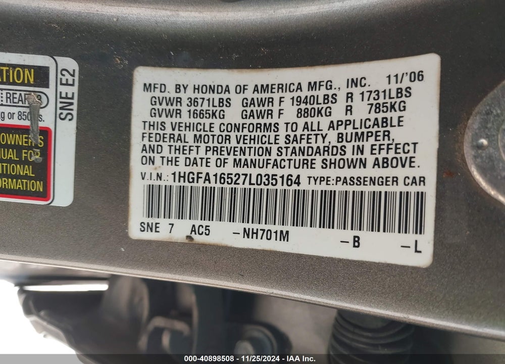 2007 HONDA CIVIC LX VIN: 1HGFA16527L035164