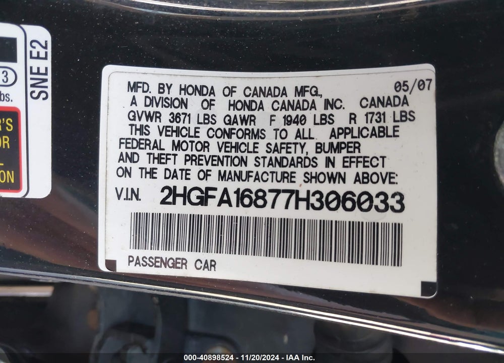 2007 HONDA CIVIC EX VIN: 2HGFA16877H306033