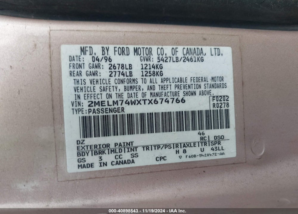1996 MERCURY GRAND MARQUIS GS VIN: 2MELM74WXTX674766