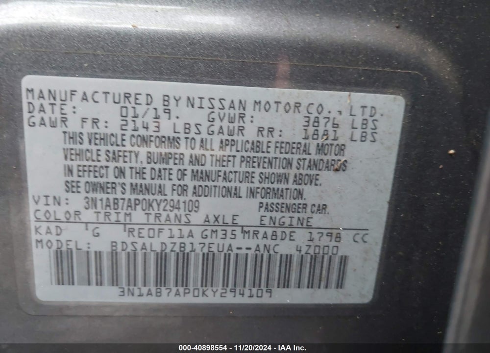 2019 NISSAN SENTRA SV VIN: 3N1AB7AP0KY294109