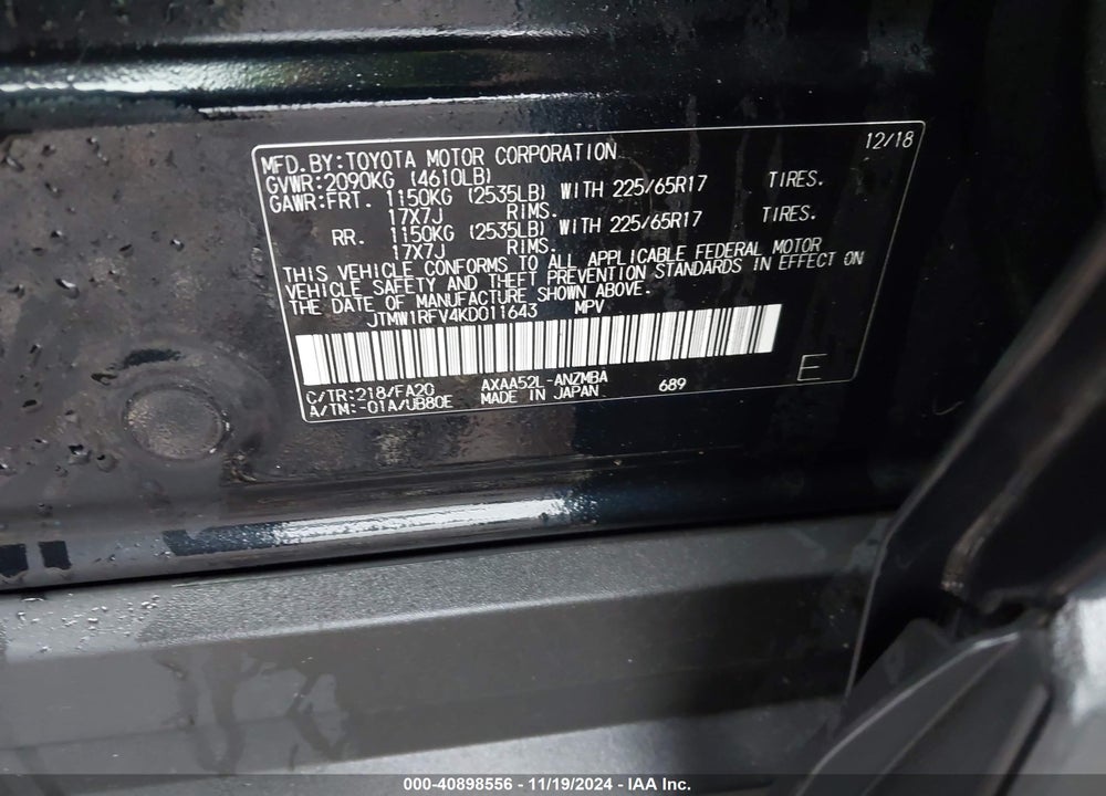 2019 TOYOTA RAV4 XLE VIN: JTMW1RFV4KD011643