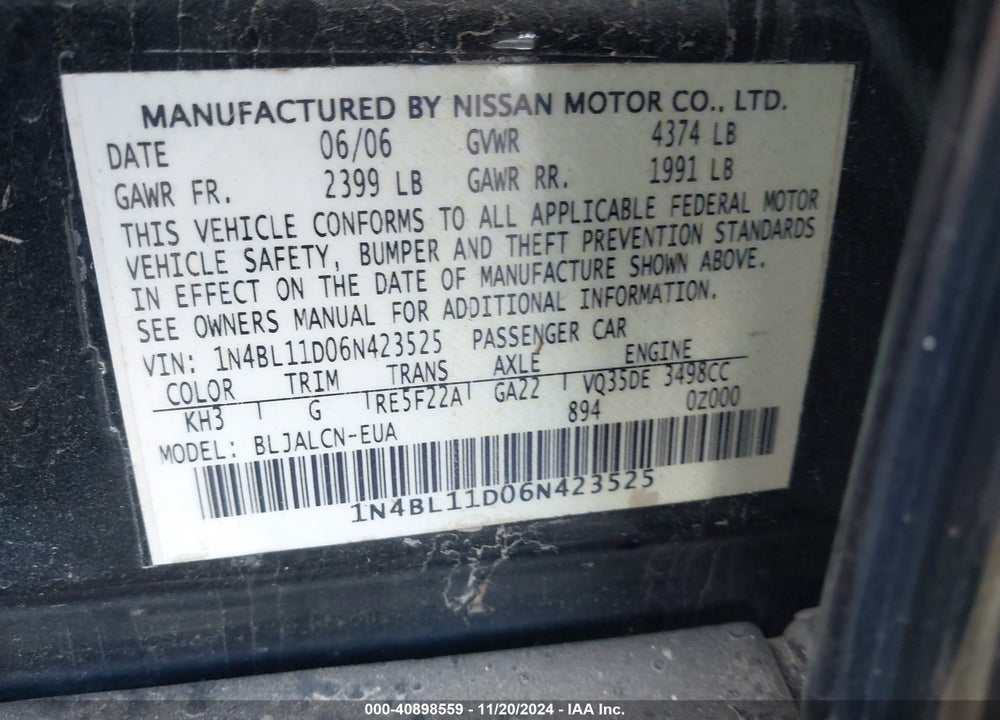 2006 NISSAN ALTIMA 3.5 SE VIN: 1N4BL11D06N423525