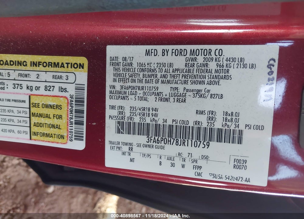 2018 FORD FUSION SE VIN: 3FA6P0H78JR110759