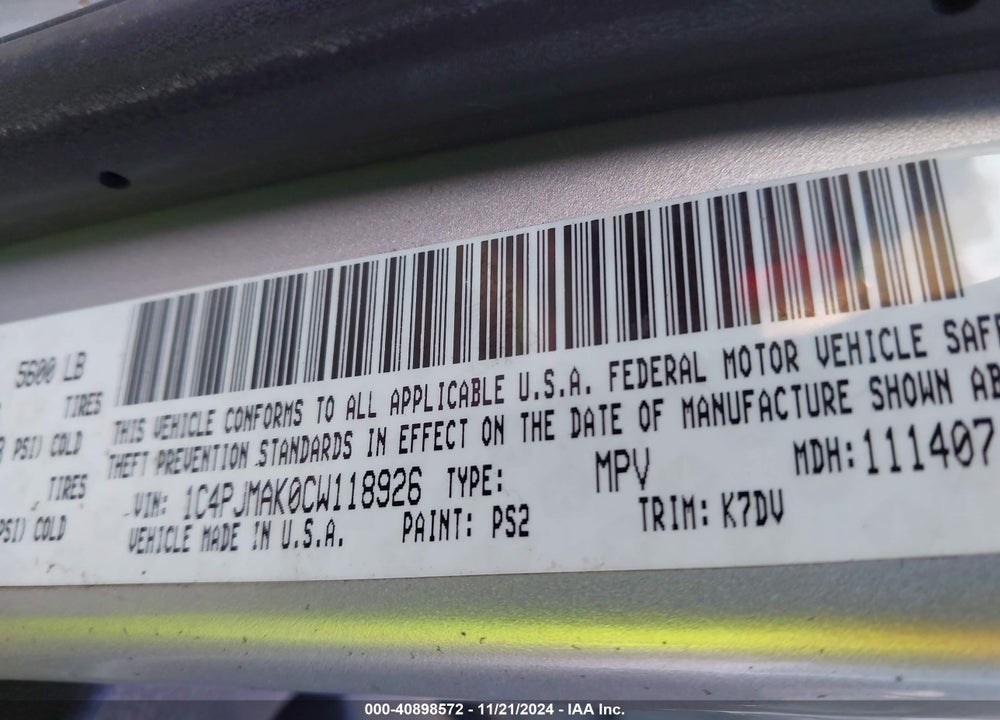 2012 JEEP LIBERTY SPORT VIN: 1C4PJMAK0CW118926
