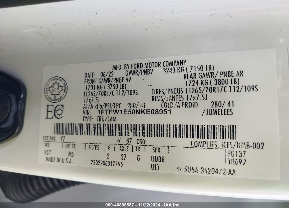 2022 FORD F-150 XLT VIN: 1FTFW1E50NKE08951