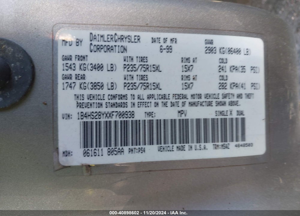 1999 DODGE DURANGO VIN: 1B4HS28YXXF700938