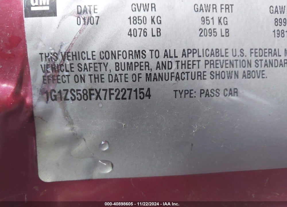 2007 CHEVROLET MALIBU LS VIN: 1G1ZS58FX7F227154