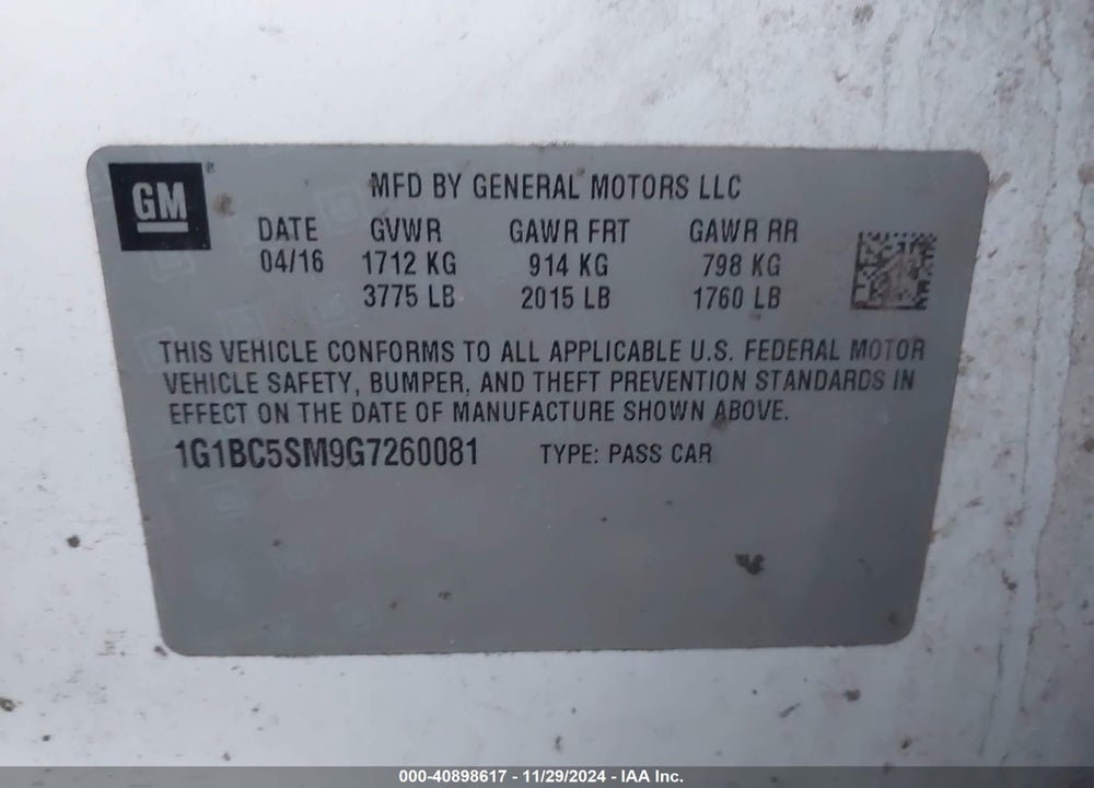 2016 CHEVROLET CRUZE LS AUTO VIN: 1G1BC5SM9G7260081