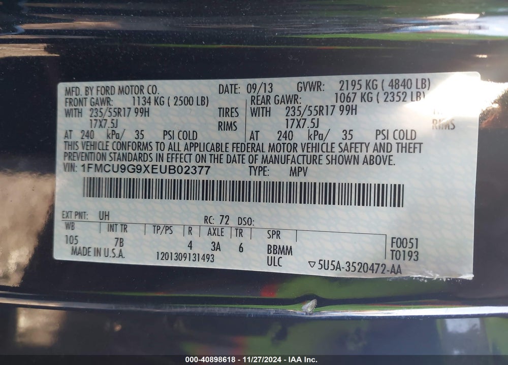 2014 FORD ESCAPE SE VIN: 1FMCU9G9XEUB02377