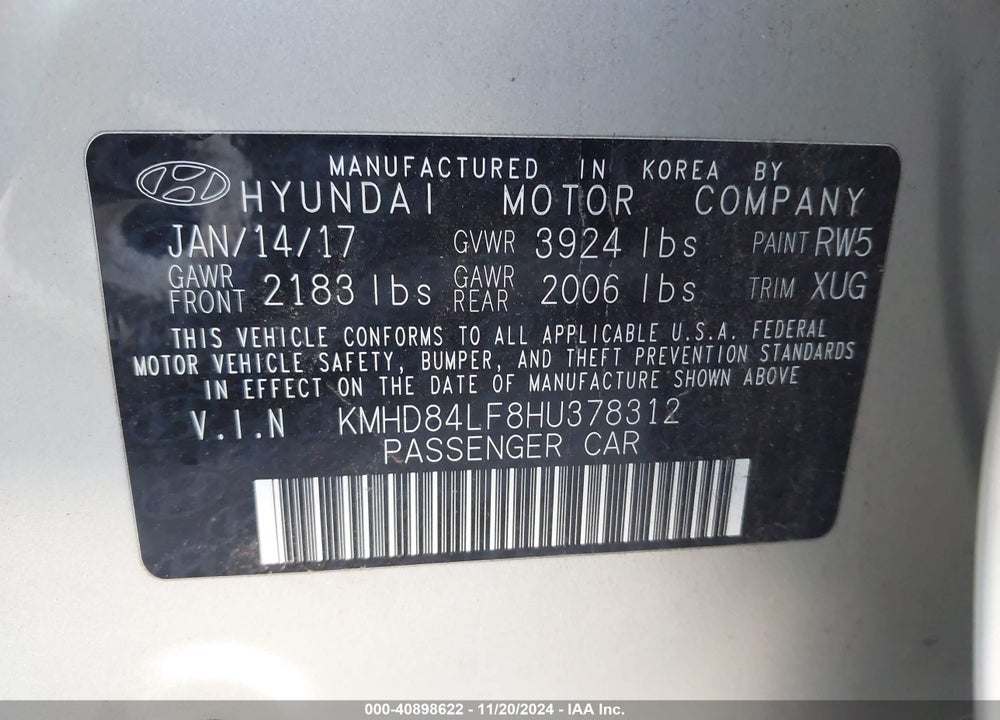 2017 HYUNDAI ELANTRA VIN: KMHD84LF8HU378312