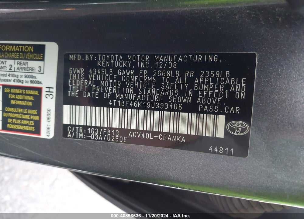 2009 TOYOTA CAMRY LE VIN: 4T1BE46K19U393406