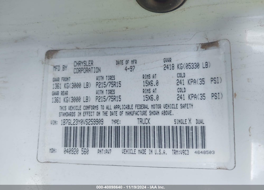 1997 DODGE DAKOTA SLT/SPORT VIN: 1B7GL23Y0VS259909