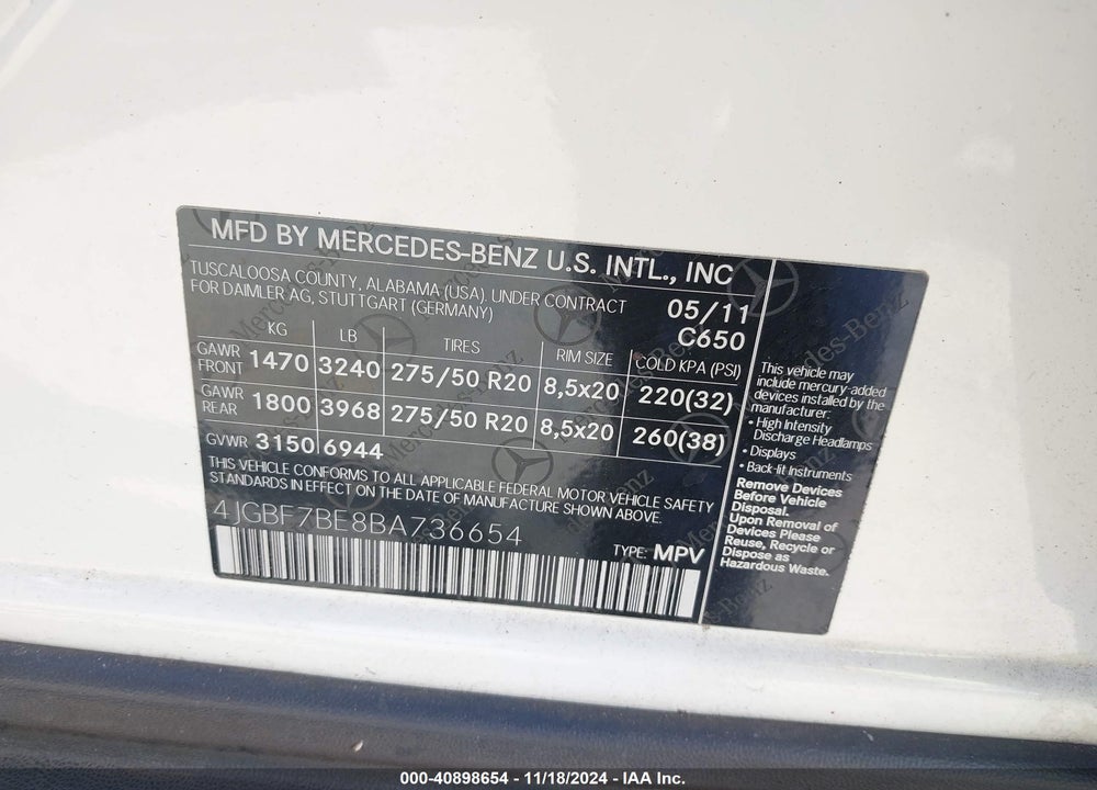 2011 MERCEDES-BENZ GL 450 4MATIC VIN: 4JGBF7BE8BA736654