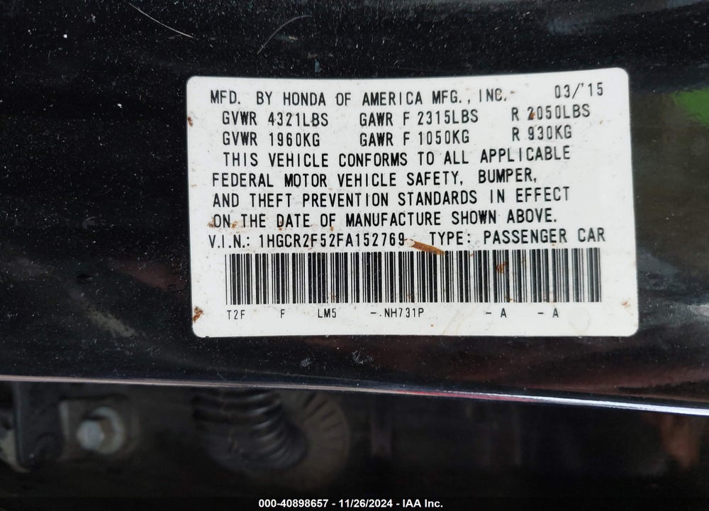 2015 HONDA ACCORD SPORT VIN: 1HGCR2F52FA152769