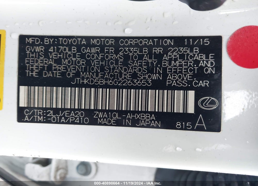 2016 LEXUS CT 200H VIN: JTHKD5BH6G2263653