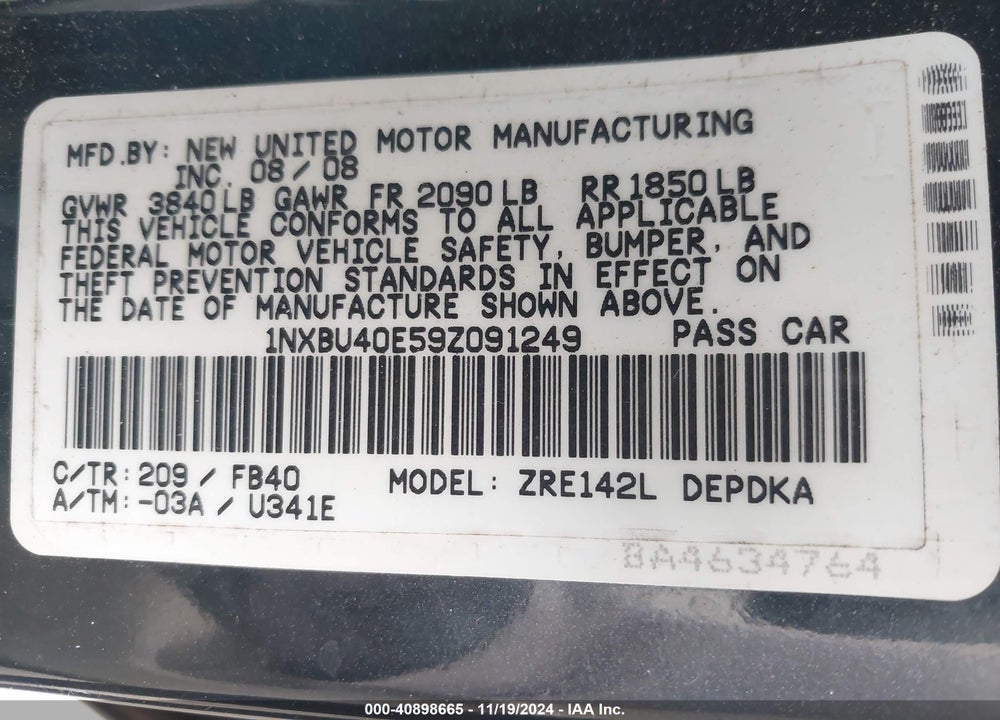 2009 TOYOTA COROLLA LE VIN: 1NXBU40E59Z091249