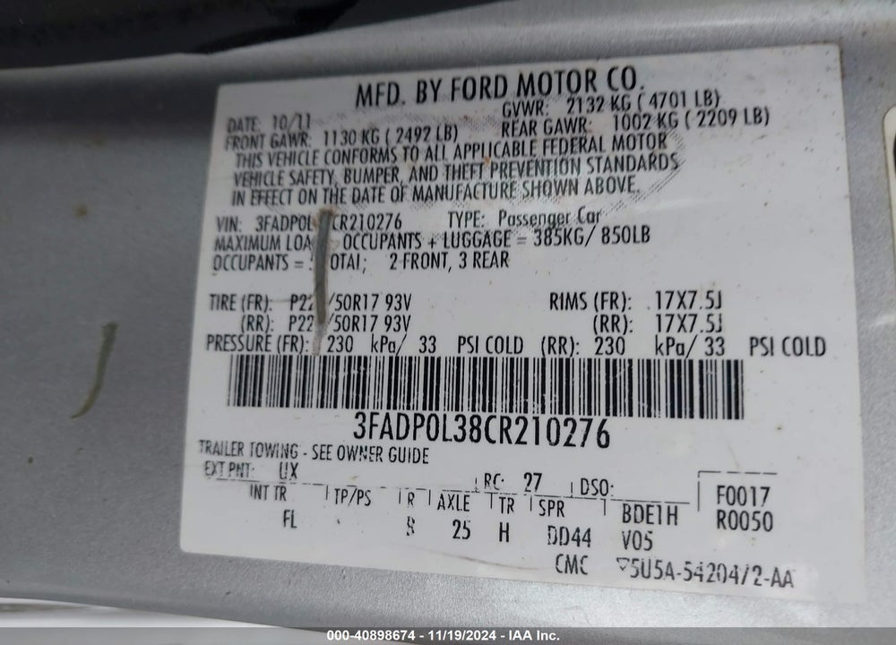 2012 FORD FUSION HYBRID VIN: 3FADP0L38CR210276