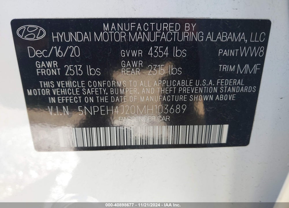 2021 HYUNDAI SONATA LIMITED VIN: 5NPEH4J20MH103689
