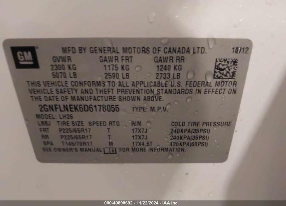 2013 CHEVROLET EQUINOX 2LT VIN: 2GNFLNEK6D6178055