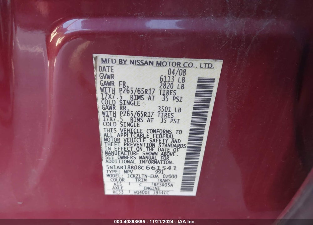 2008 NISSAN PATHFINDER SE VIN: 5N1AR18B08C661541