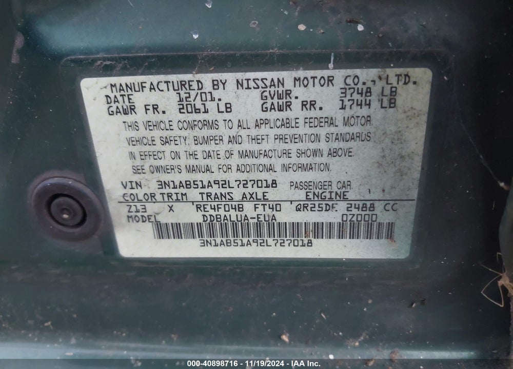 2002 NISSAN SENTRA SE-R VIN: 3N1AB51A92L727018