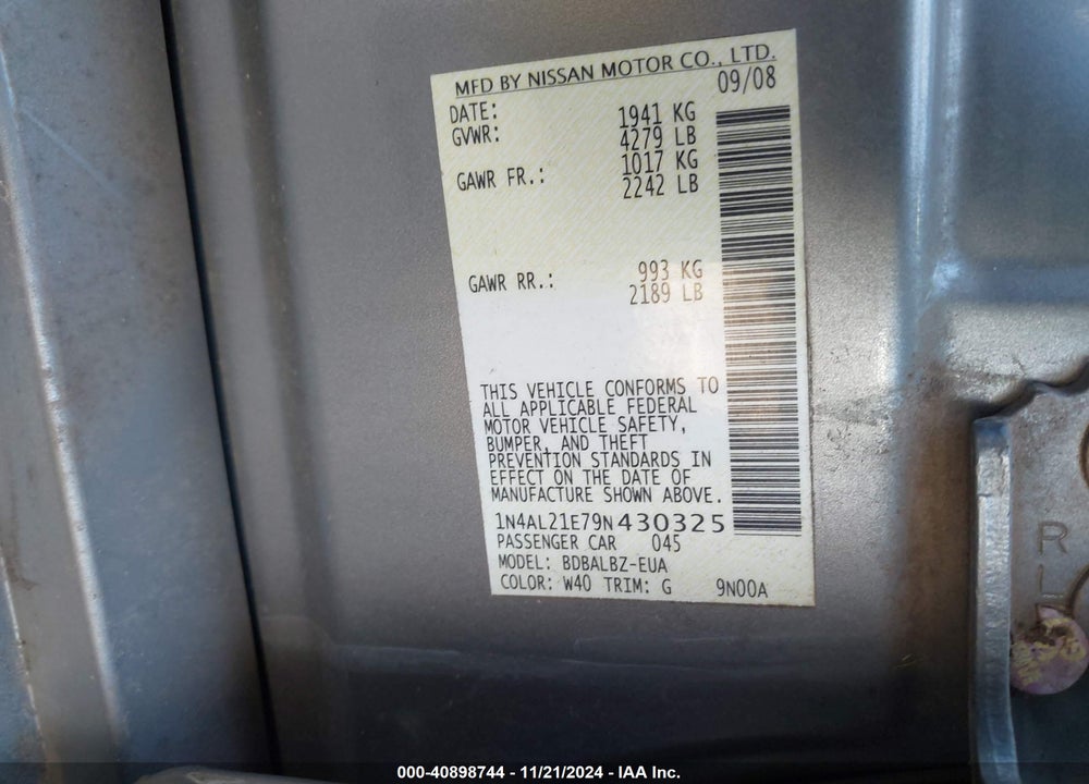 2009 NISSAN ALTIMA 2.5 S VIN: 1N4AL21E79N430325