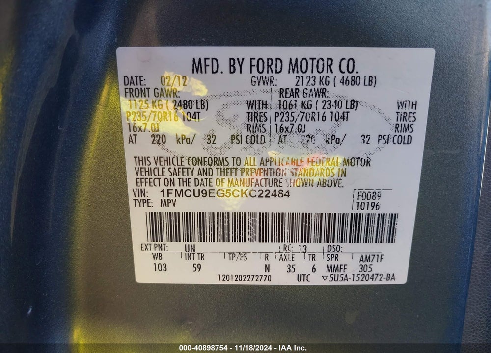 2012 FORD ESCAPE LIMITED VIN: 1FMCU9EG5CKC22484