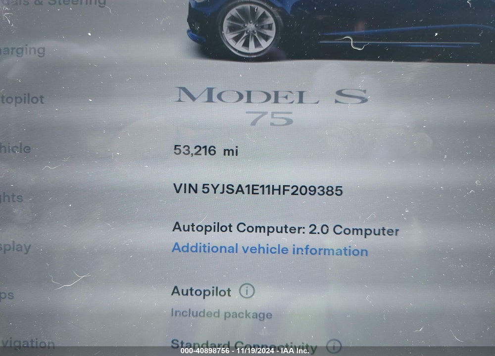 2017 TESLA MODEL S 60/75 VIN: 5YJSA1E11HF209385