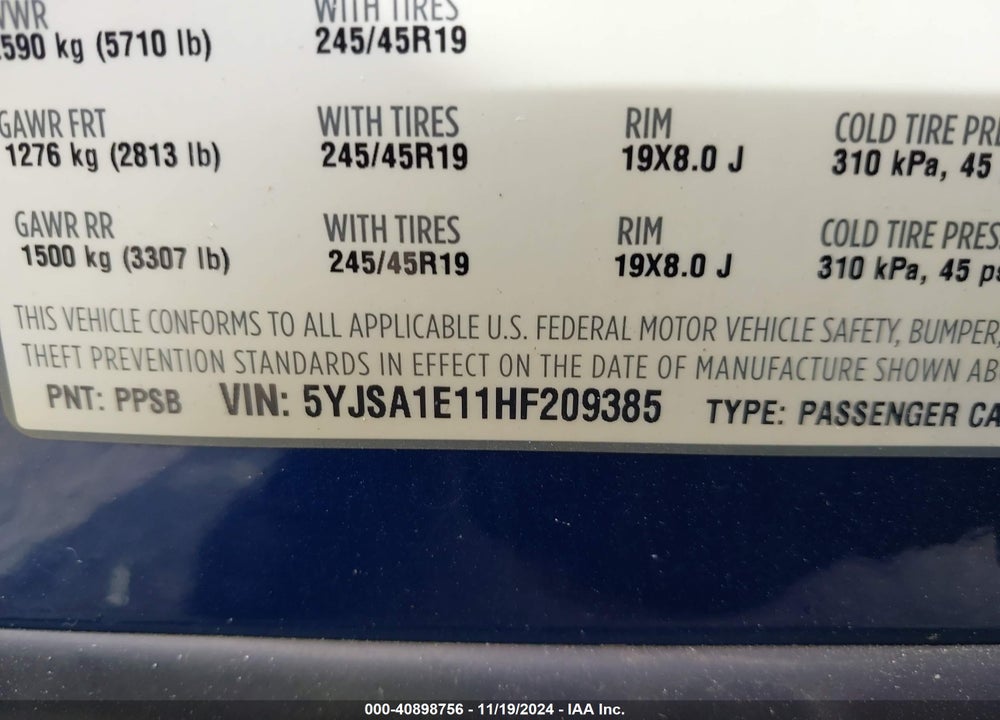 2017 TESLA MODEL S 60/75 VIN: 5YJSA1E11HF209385