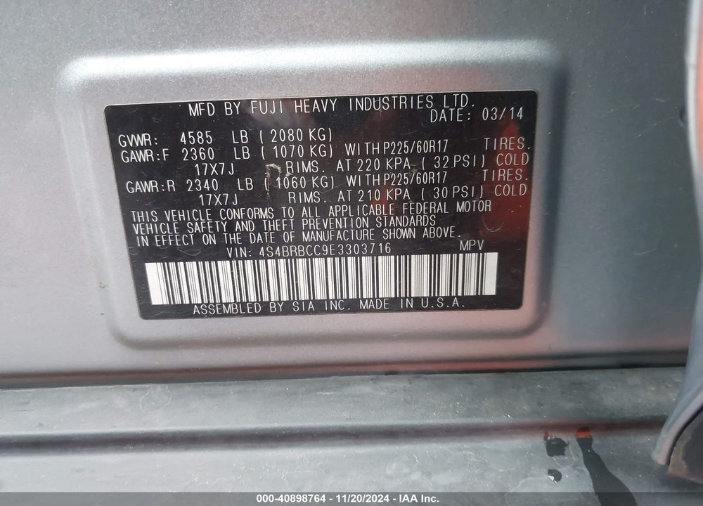 2014 SUBARU OUTBACK VIN: 4S4BRBCC9E3303716