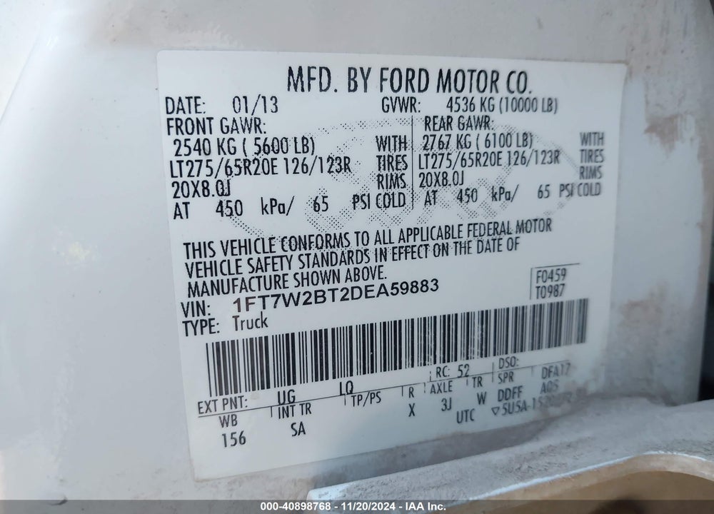 2013 FORD F-250 VIN: 1FT7W2BT2DEA59883