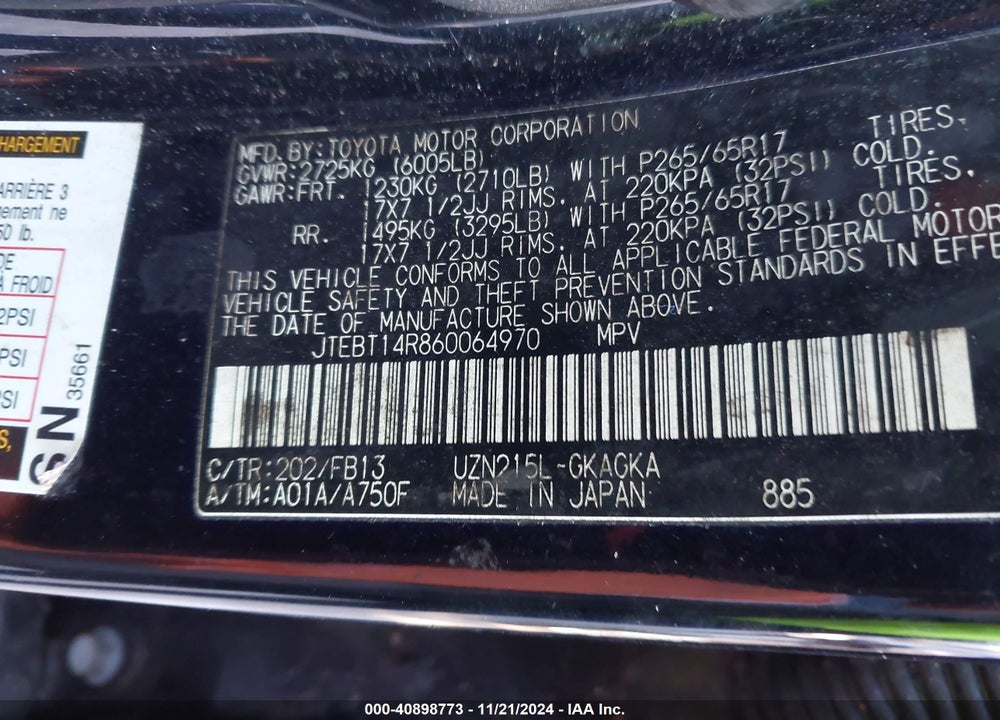 2006 TOYOTA 4RUNNER SR5 SPORT V8 VIN: JTEBT14R860064970