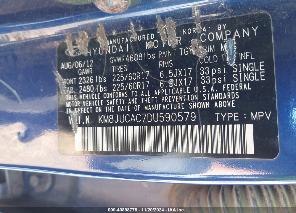 2013 HYUNDAI TUCSON GLS VIN: KM8JUCAC7DU590579