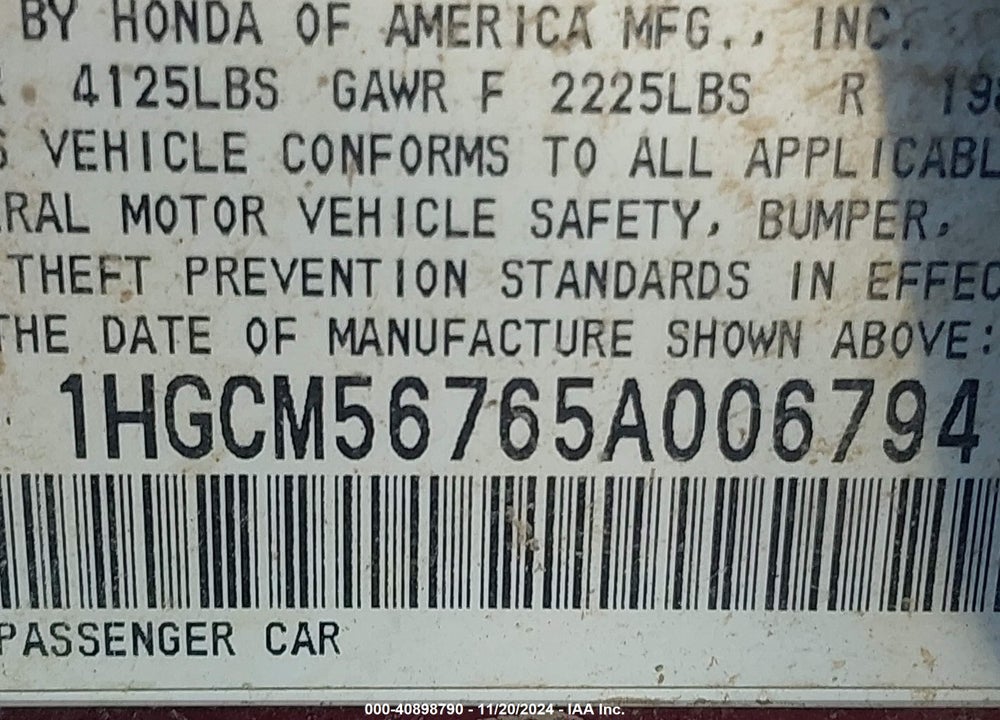 2005 HONDA ACCORD 2.4 EX VIN: 1HGCM56765A006794